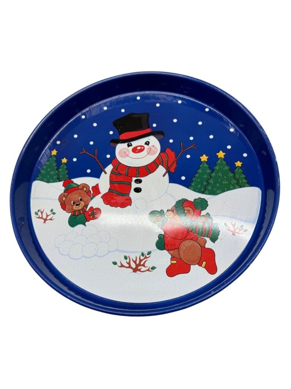 Vintage Christmas Metal Serving Tray With Snowman & Teddy Bear Design 12" READ